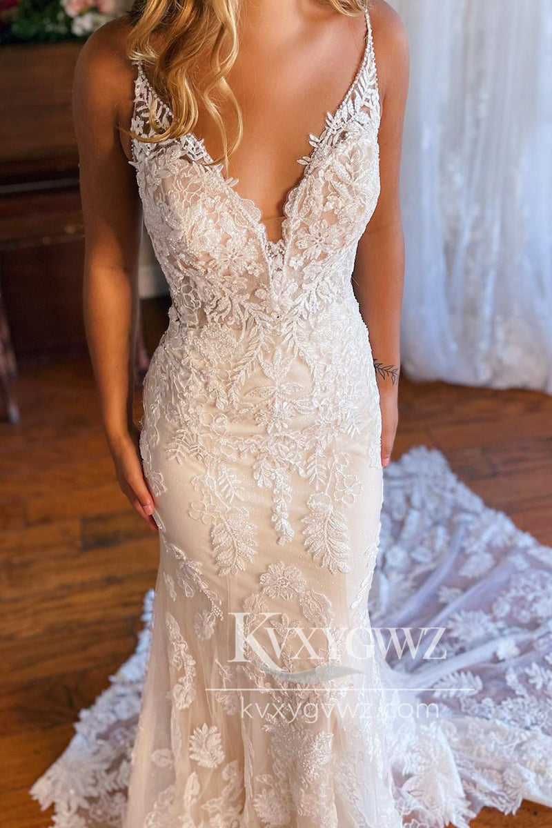 Dazzling Mermaid V Neck Lace White Wedding Dresses Gown With Sweep Train HS938