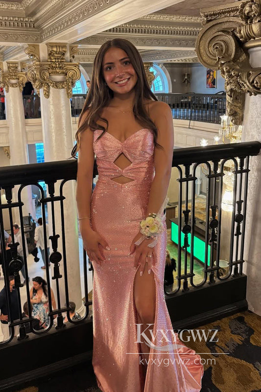 Conspicuous Mermaid Sweetheart Evening Gown Keyhole Satin Prom Dress with Hot Stone LF939