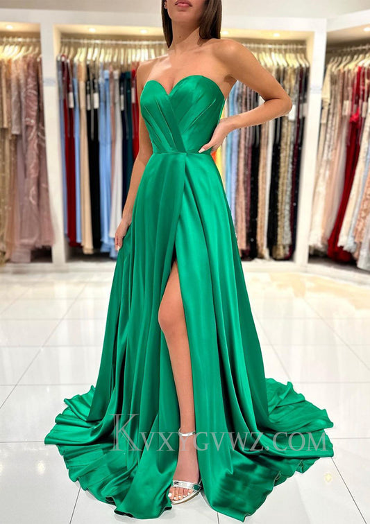 A-line Sweetheart Strapless Sweep Train Charmeuse Prom Dress With Pleated Split LF094