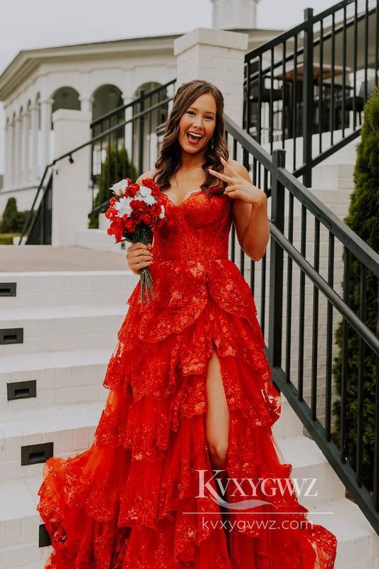 Stunning A Line Sweetheart Evening Gown Red Tiered Long Prom Dress with Appliques LF940