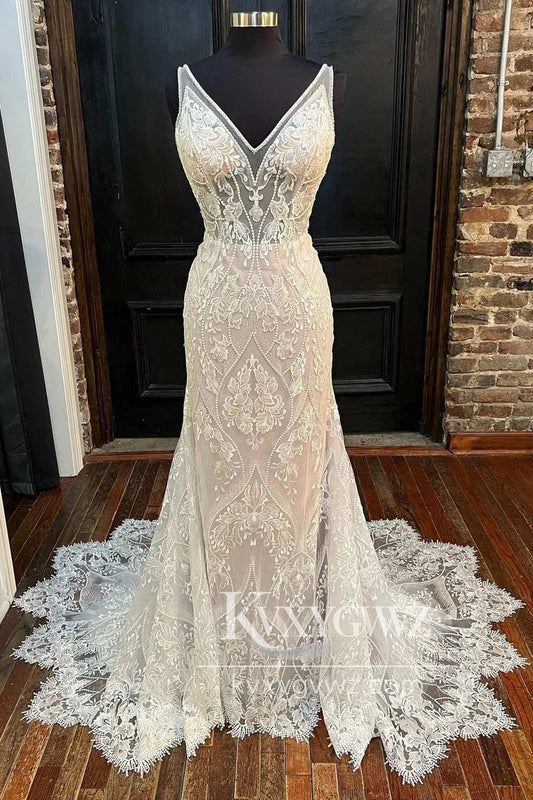 Bohemian Mermaid V Neck Lace Wedding Dresses Gown With Sweep Train HS940