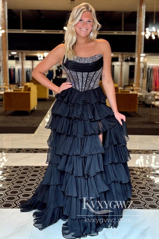 Stunning A Line Black Tiered Evening Gown Chiffon Long Prom Dress with Hot Stone Beading LF941
