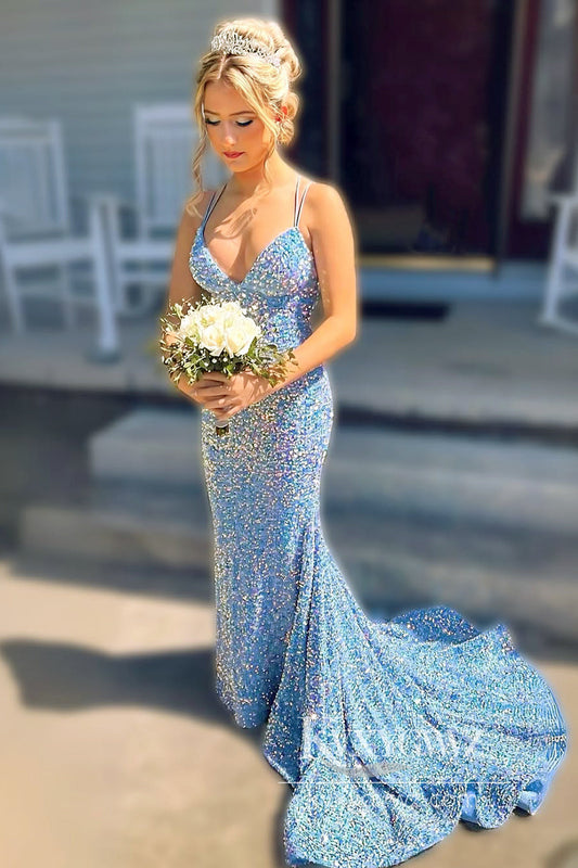 Stunning Mermaid V Neck Prom Gown Light Blue Velvet Sequins Evening Dress with Cross Back LF943