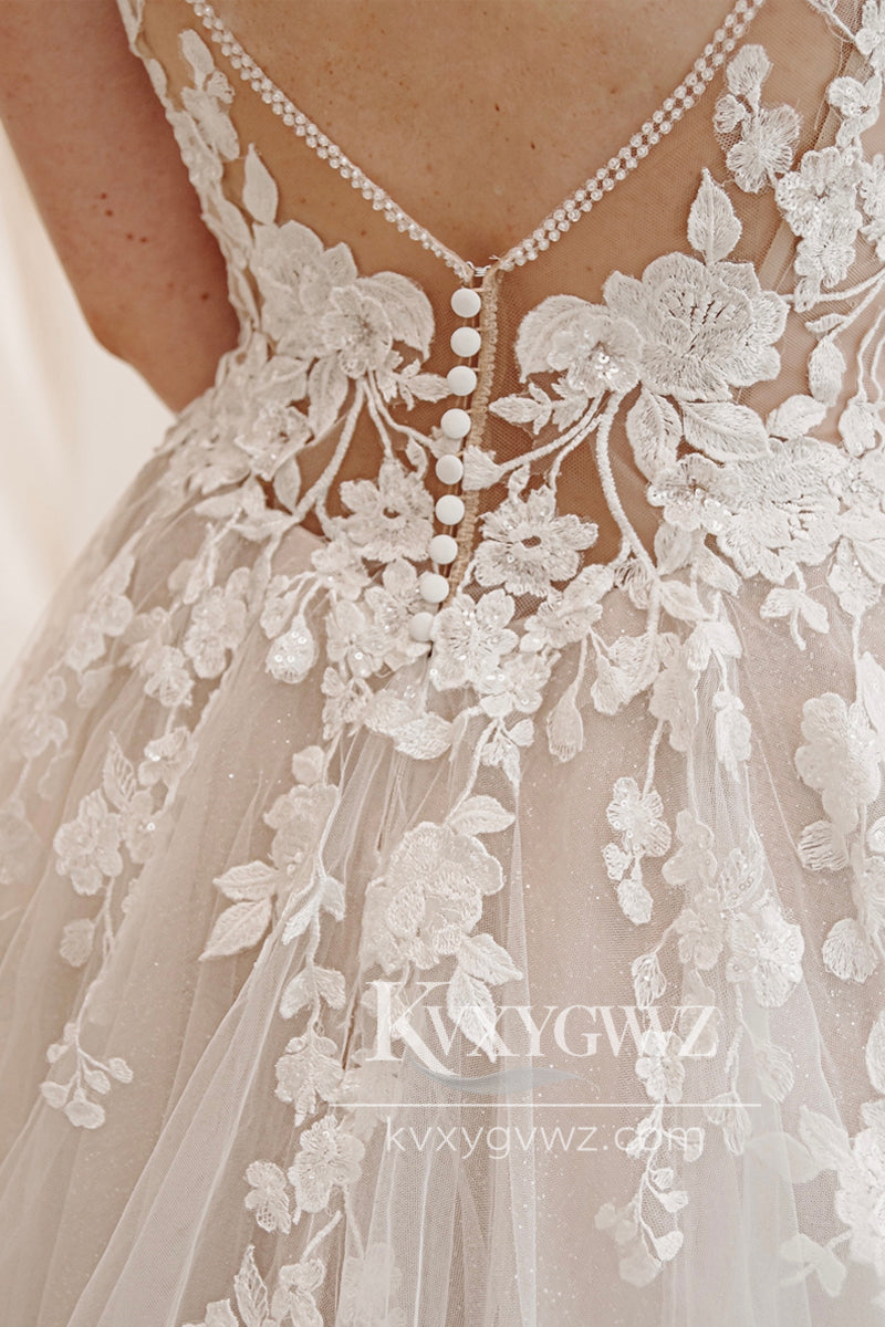 Fairly A-Line V Neck White Tulle Wedding Dresses Gown with Lace Appliques HS943