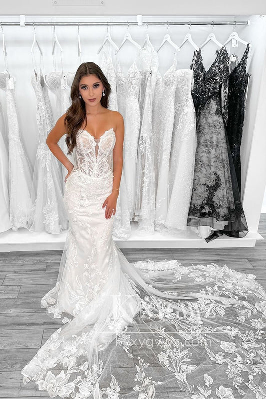 Pastoral Style Mermaid V Neck Lace Wedding Dresses Gown with Train HS945