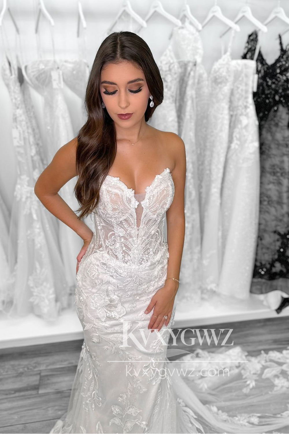 Pastoral Style Mermaid V Neck Lace Wedding Dresses Gown with Train HS945
