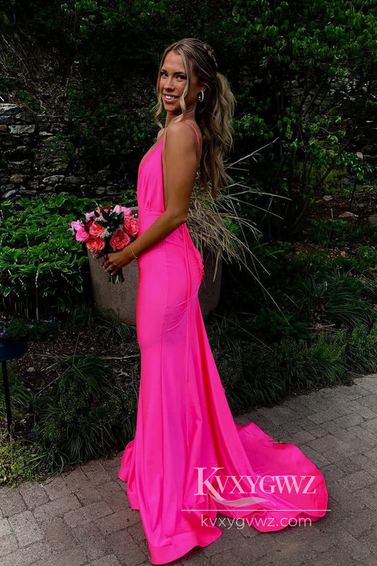 Dazzling Mermaid V Neck Evening Gown Pink Satin Prom Dress with Slit LF945