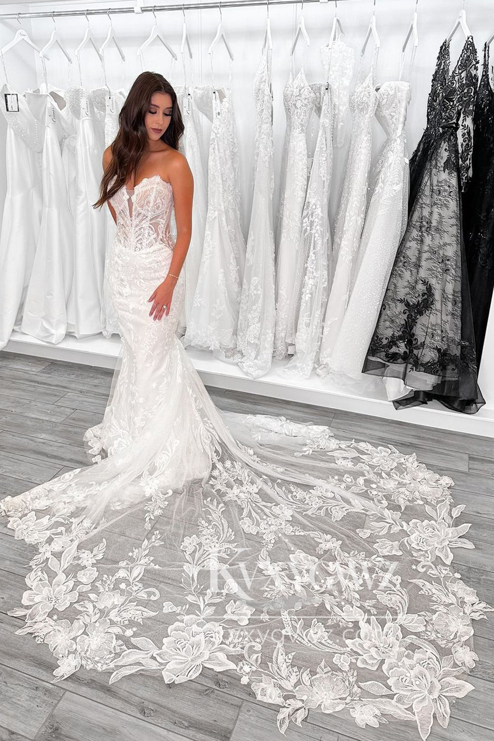 Pastoral Style Mermaid V Neck Lace Wedding Dresses Gown with Train HS945