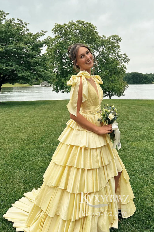 Stunning Ball Gown V Neck Yellow Satin Evening Gown Tiered Long Prom Dress LF946