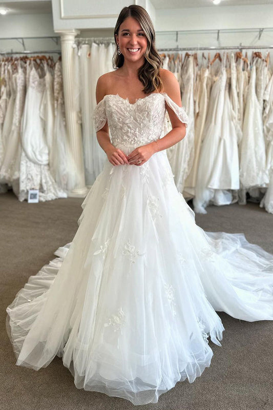 Glamorous A Line Off the Shoulder Tulle Wedding Dresses Gown with Appliques HS754