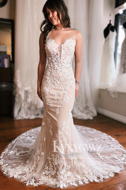Graceful Mermaid V Neck Tulle Lace Wedding Dresses Gown With Appliques HS947