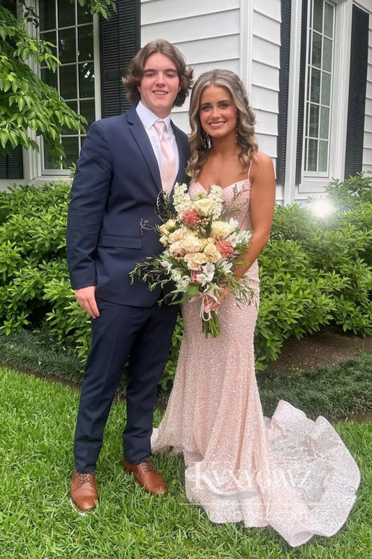 Conspicuous Mermaid V Neck Evening Gown Blush Pink Sequins Long Prom Dress LF947