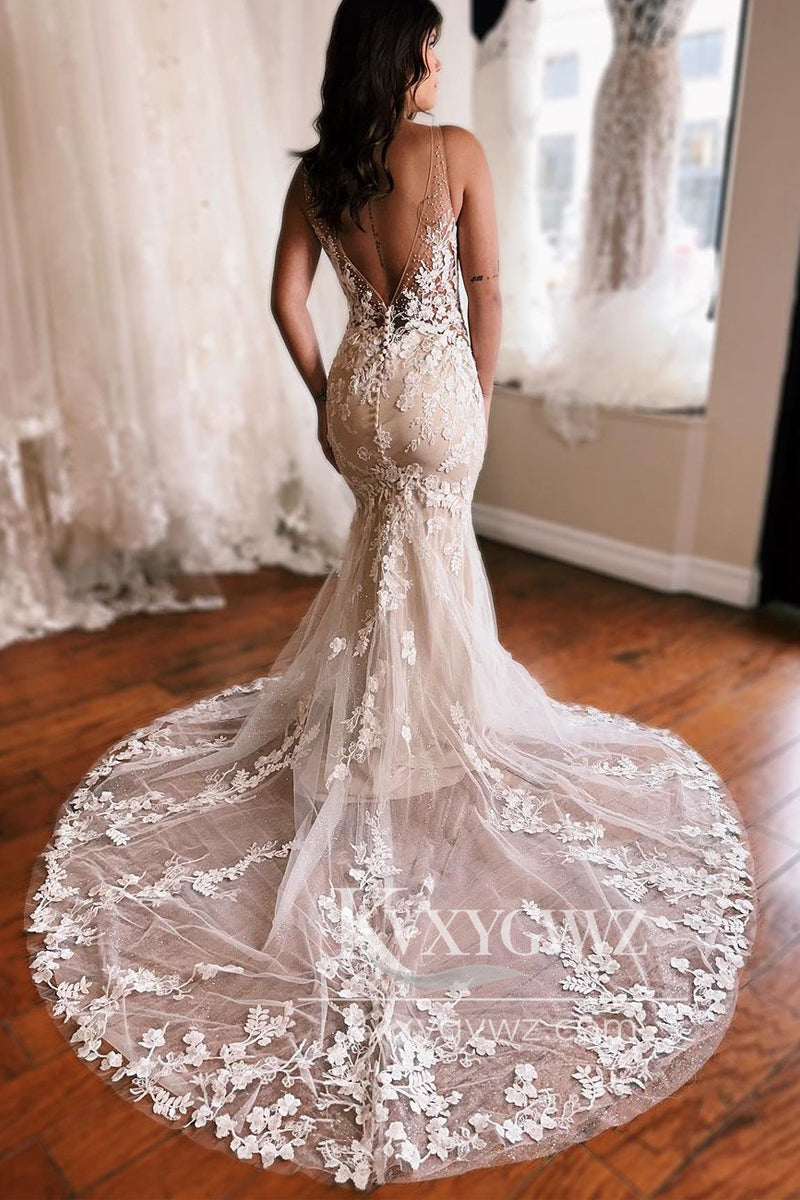 Graceful Mermaid V Neck Tulle Lace Wedding Dresses Gown With Appliques HS947