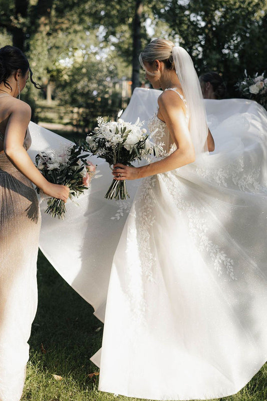 Pastoral Style A Line Boat Neck Satin Long Wedding Dresses Gown with Appliques HS899