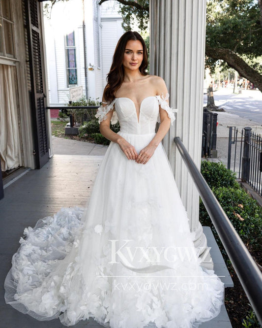 Pastoral Style A Line V Neck Tulle Wedding Dresses Gown with 3D Flower Appliques HS950