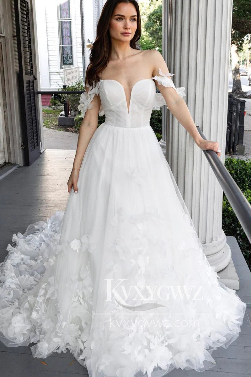 Pastoral Style A Line V Neck Tulle Wedding Dresses Gown with 3D Flower Appliques HS950