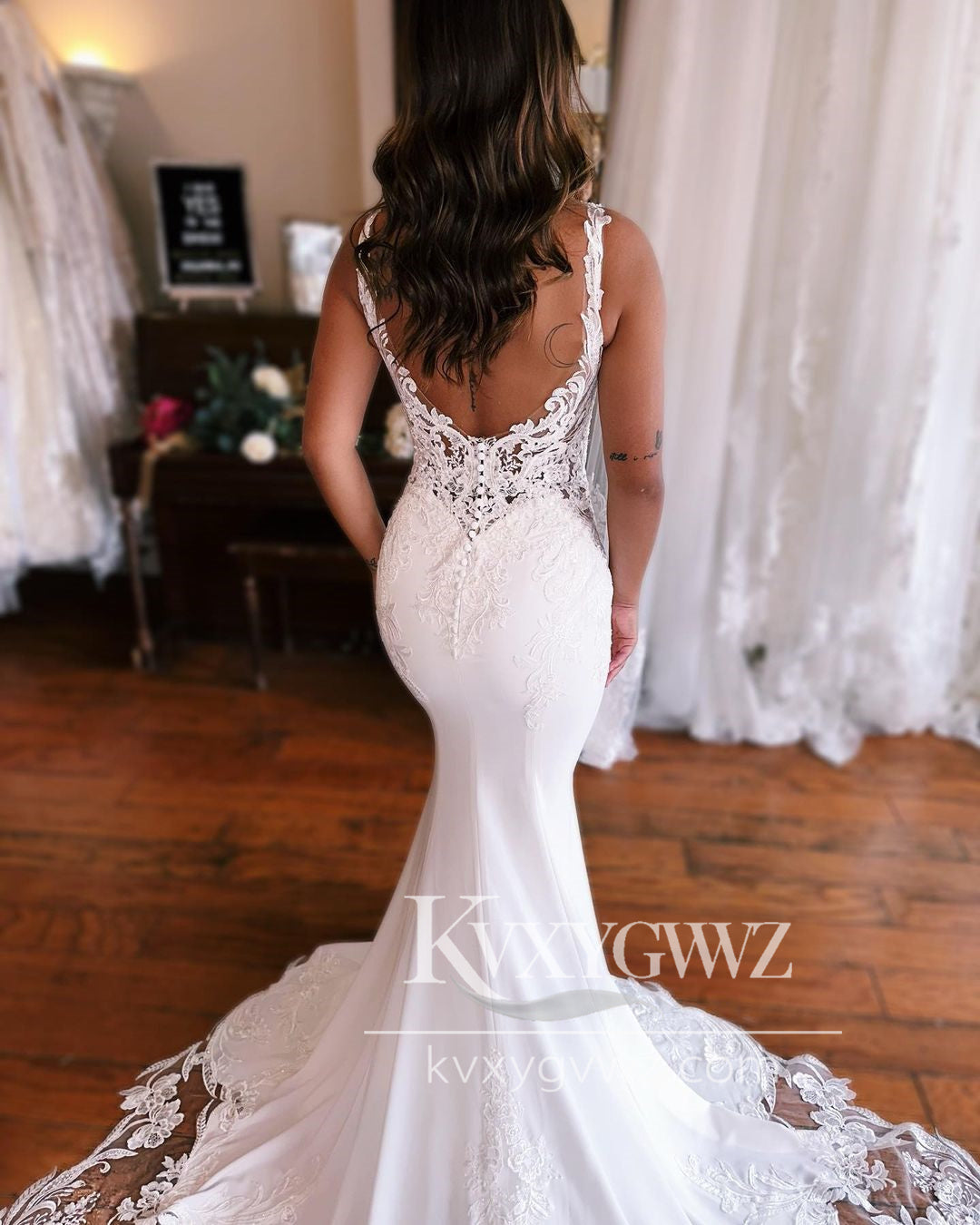Graceful Mermaid V Neck Satin Wedding Dresses Gown with Appliques HS952