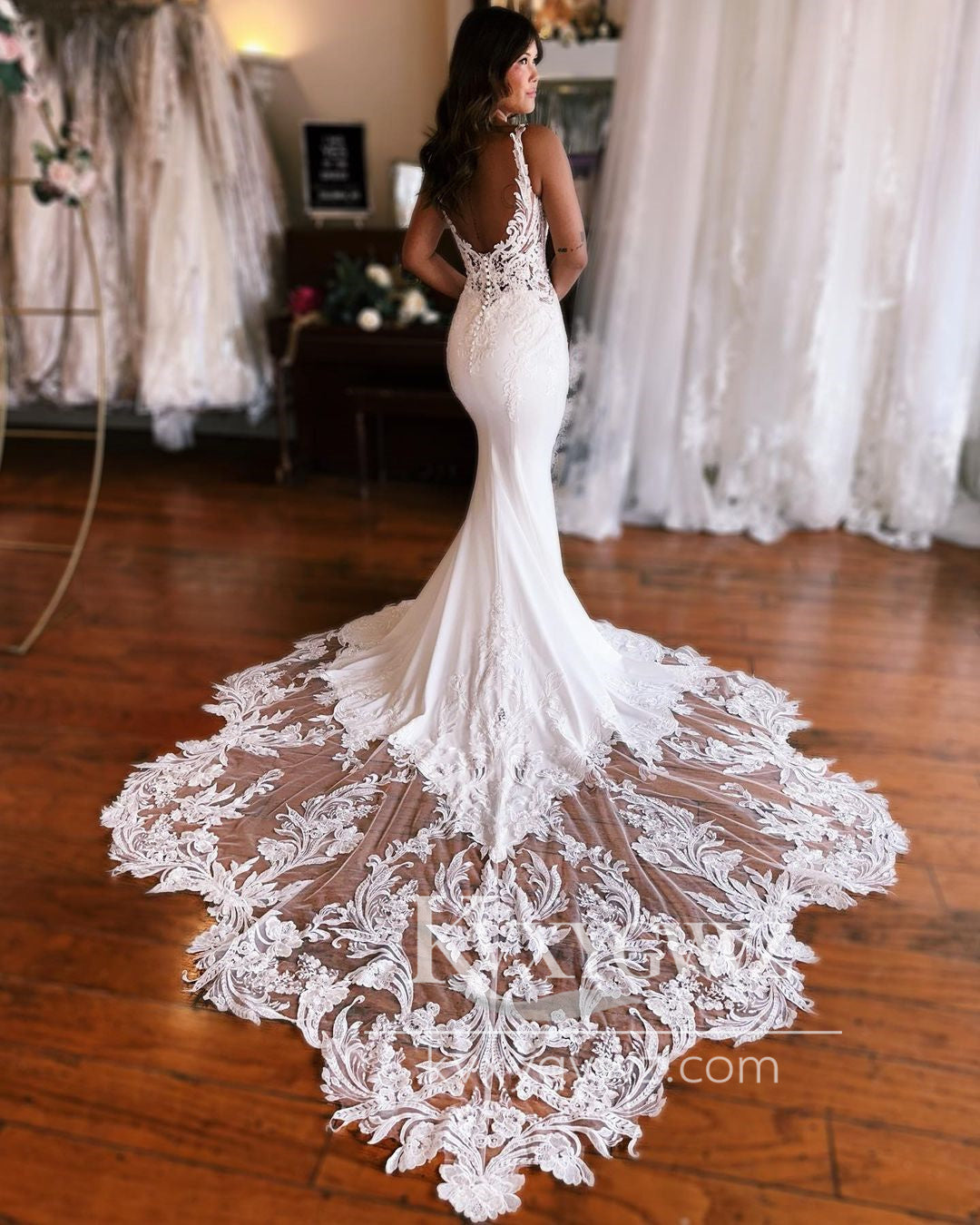 Graceful Mermaid V Neck Satin Wedding Dresses Gown with Appliques HS952