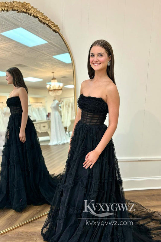 Black Strapless Tulle Ruffles Evening Gown Tulle A-Line Prom Dress  LF953