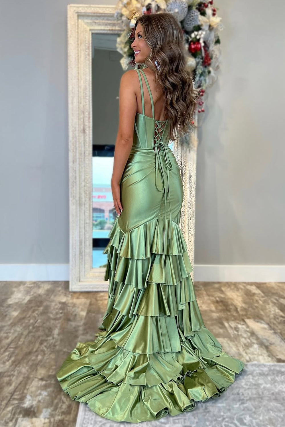 Sweet  Mermaid V Neck Sage Satin Tiered Prom Dress Gown with Slit LF1235