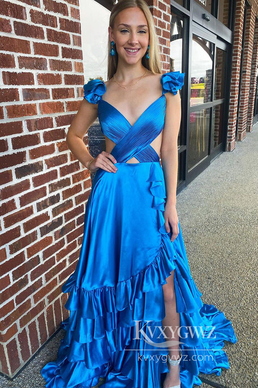 Blue V Neck Ruffles Evening Gown Satin A-Line Long Prom Dress with Slit LF954