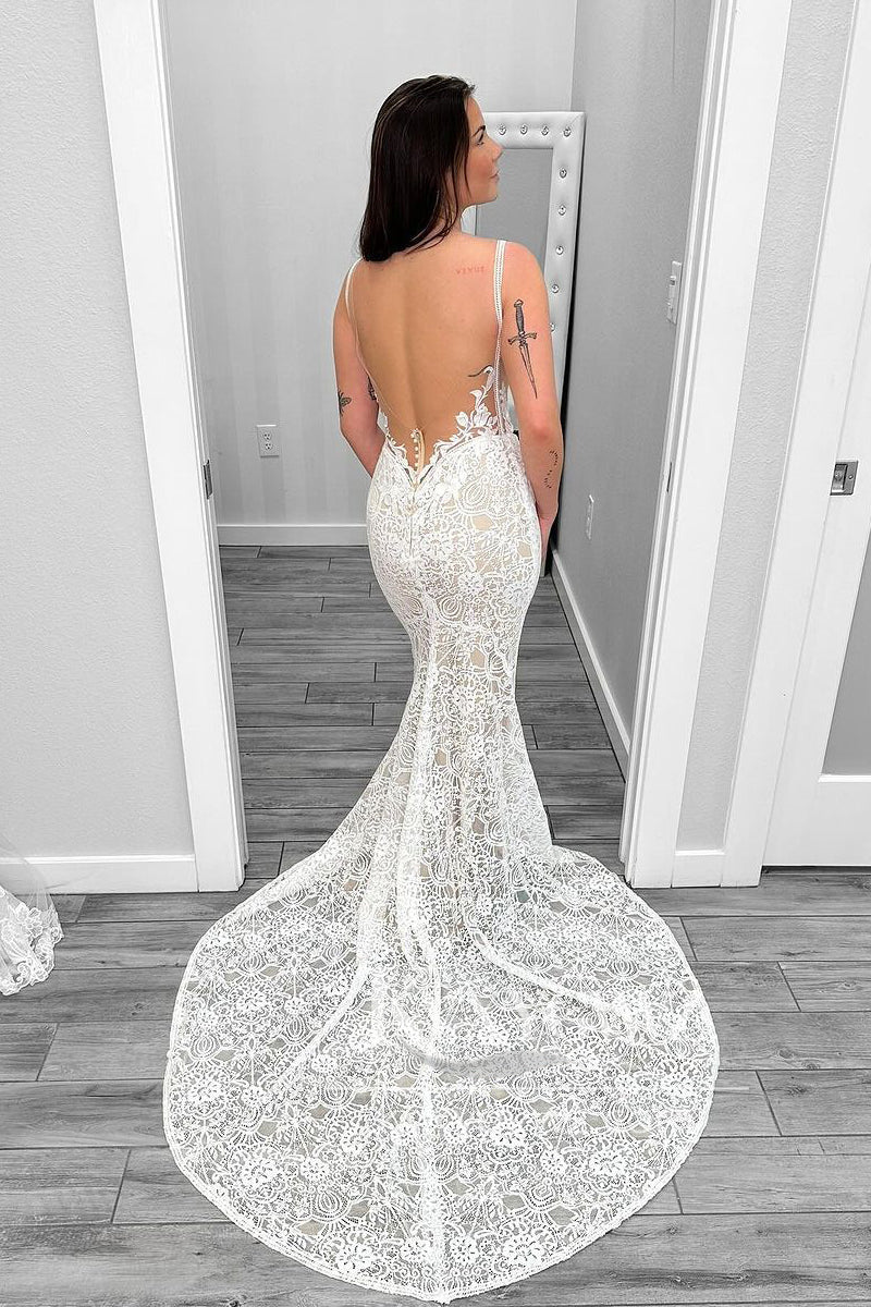 Graceful Mermaid V Neck Lace Wedding Dresses Gown With Sweep Train HS954