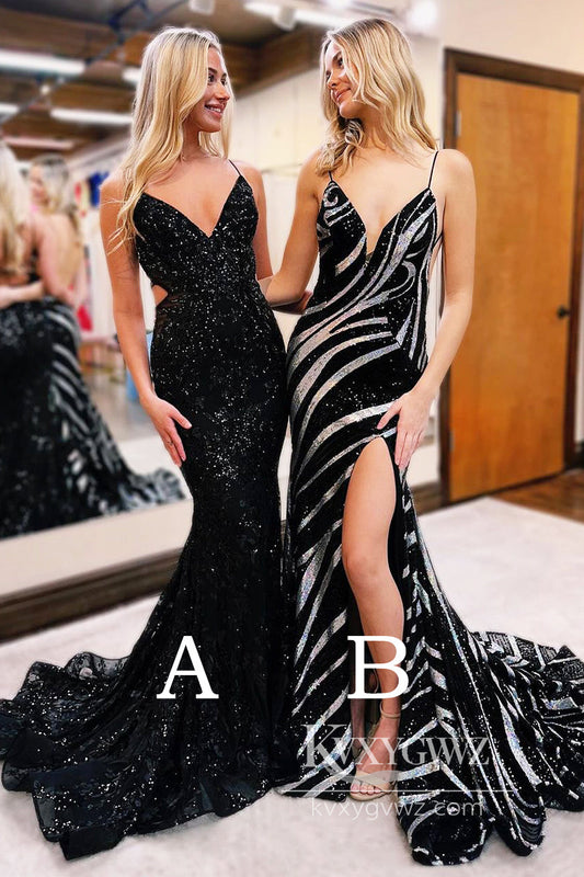 Black V Neck Sequins Evening Gown Mermaid Long Prom Dress LF957