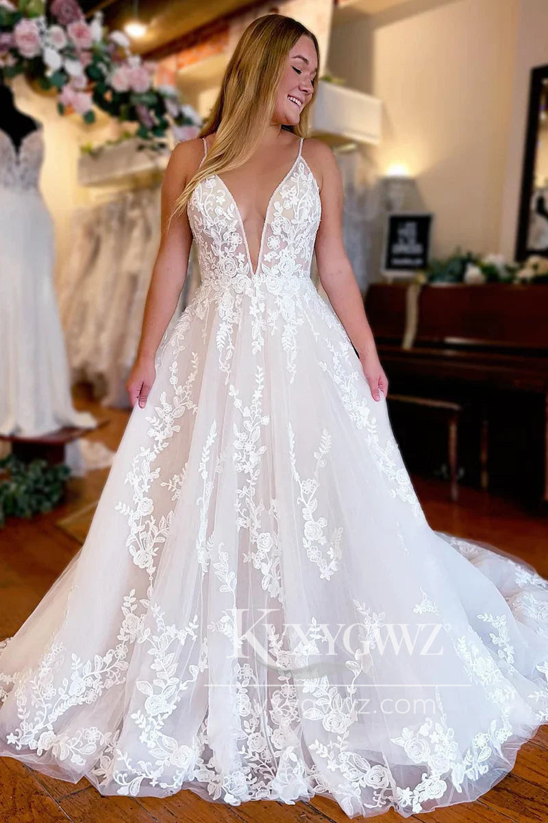 Pastoral Style A Line V Neck Tulle Wedding Dresses Gown with Appliques HS957