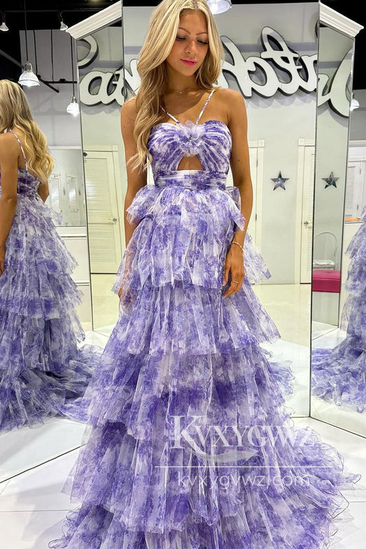 A-Line Halter Evening Gown Floral Printed Long Prom Dress with Keyhole LF958