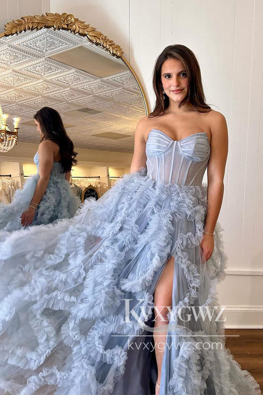 Blue Strapless Ruffles Tulle Evening Gown A-Line Long Prom Dress with Slit LF959