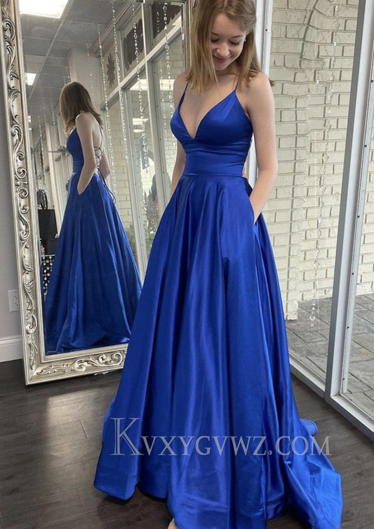 A-line V Neck Spaghetti Straps Sweep Train Charmeuse Prom Dress With Pockets LF096