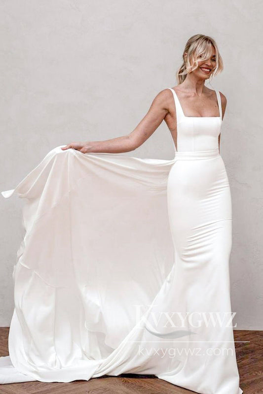 Pastoral Style Mermaid Square Neck Elastic Satin Long Wedding Dresses Gown HS961