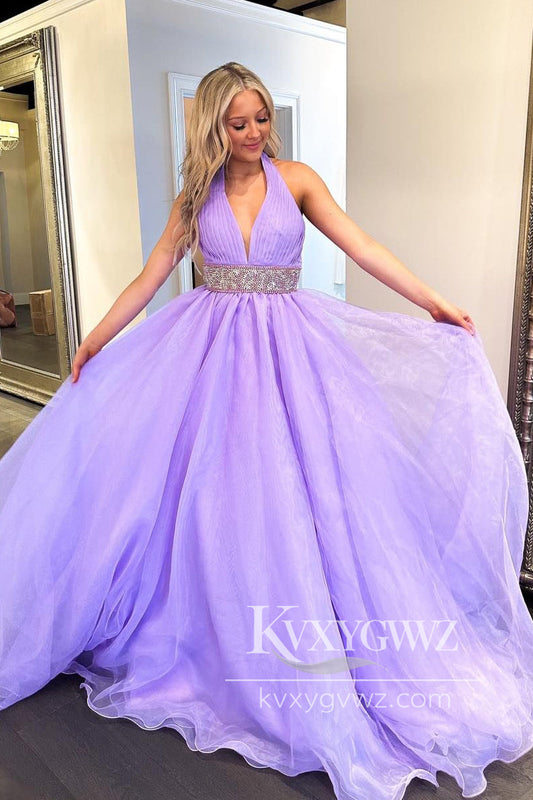A-Line Halter Lilac Evening Gown Long Prom Dress with Beadings LF962