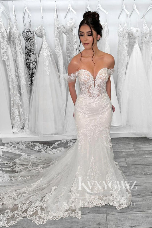 Exquisite Mermaid Off the Shoulder Tulle Wedding Dresses Gown with Appliques HS962