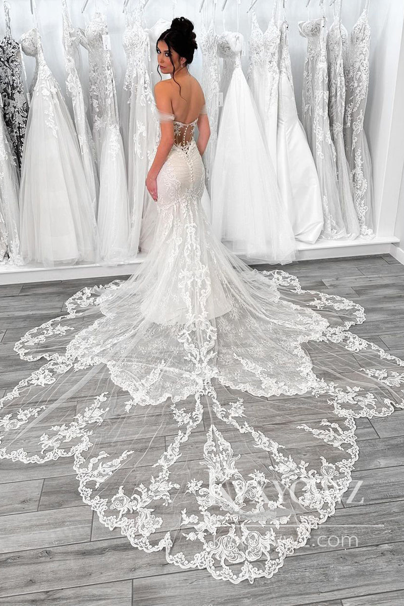 Exquisite Mermaid Off the Shoulder Tulle Wedding Dresses Gown with Appliques HS962