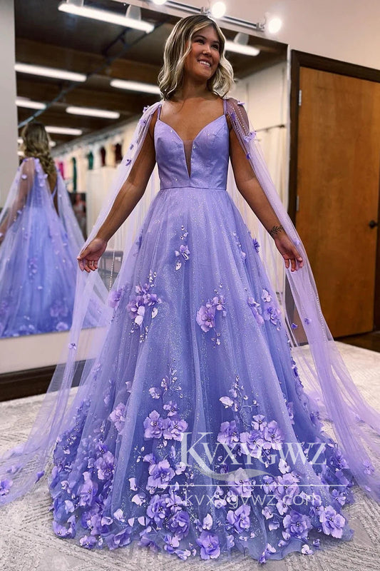 A-Line Lavender Evening Gown 3D Floral Lace Long Prom Dress with Train LF963