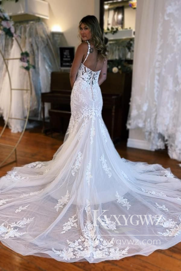 Graceful Mermaid V Neck Lace Long Wedding Dresses Gown with Appliques HS963
