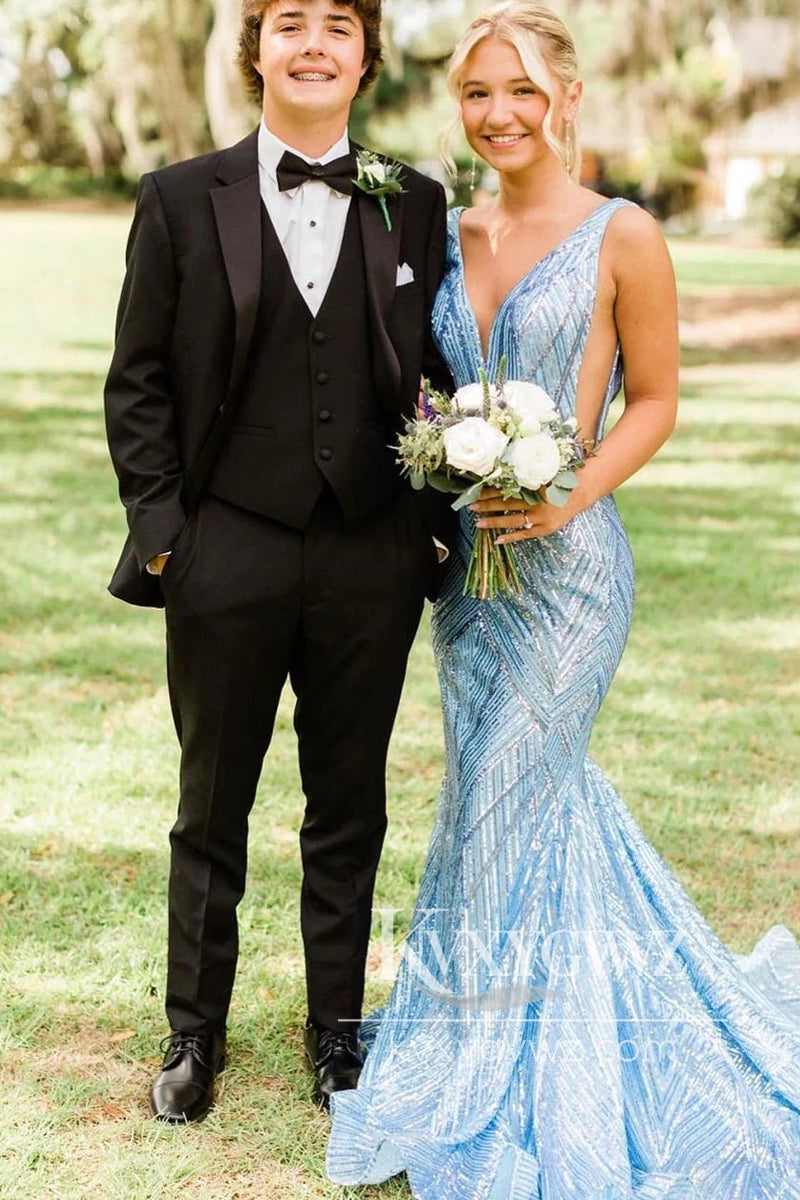 Charming Mermaid V Neck Evening Gown Light Blue Sequins Long Prom Dress LF964