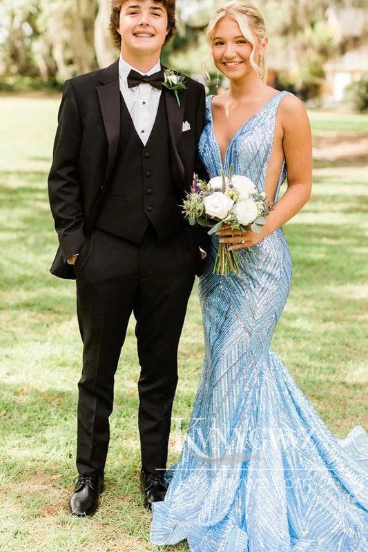 Charming Mermaid V Neck Evening Gown Light Blue Sequins Long Prom Dress LF964