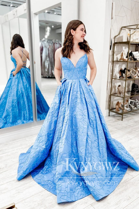 Blue V Neck Evening Gown Satin A-Line Prom Dress with Pockets LF965