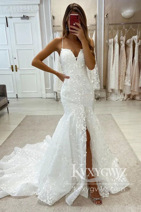 Pastoral Style Mermaid Sweetheart Lace Long Wedding Dresses Gown with Slit HS965