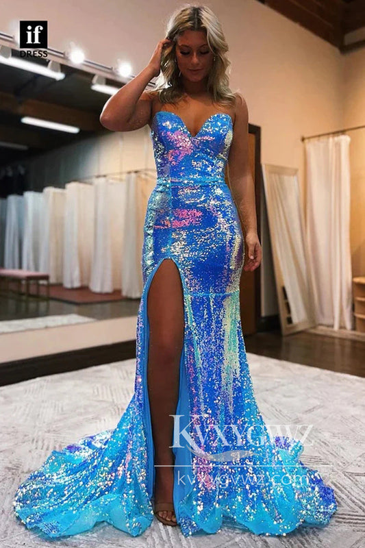 Conspicuous Mermaid Sweetheart Evening Gown Blue Sequins Long Prom Dress with Slit LF967