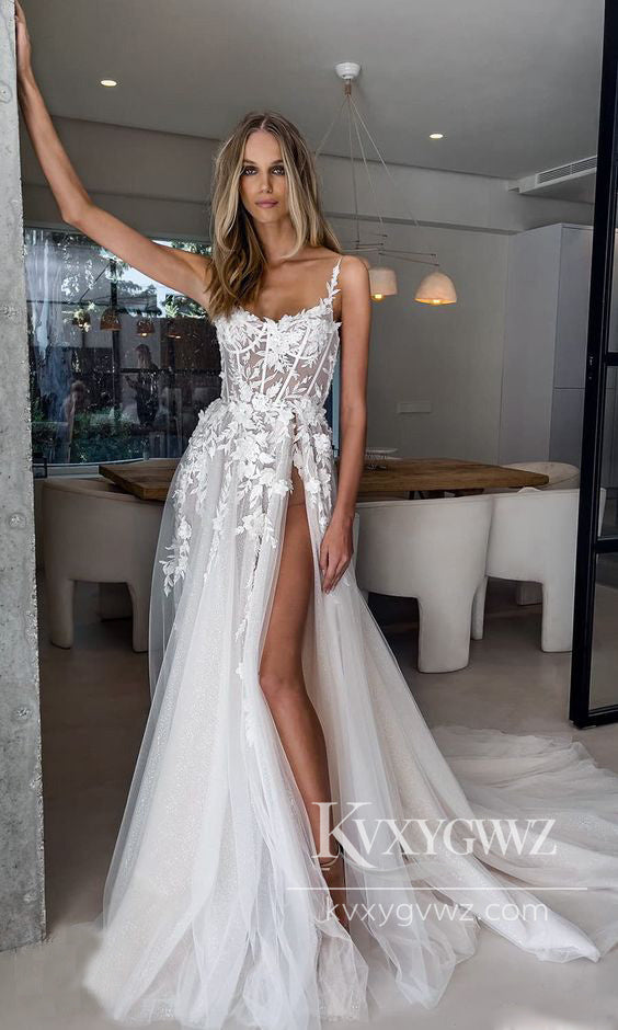 Modern A Line Sweetheart Tulle Wedding Dresses Gown with Appliques HS968
