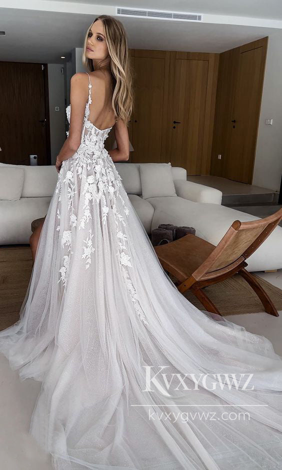 Modern A Line Sweetheart Tulle Wedding Dresses Gown with Appliques HS968