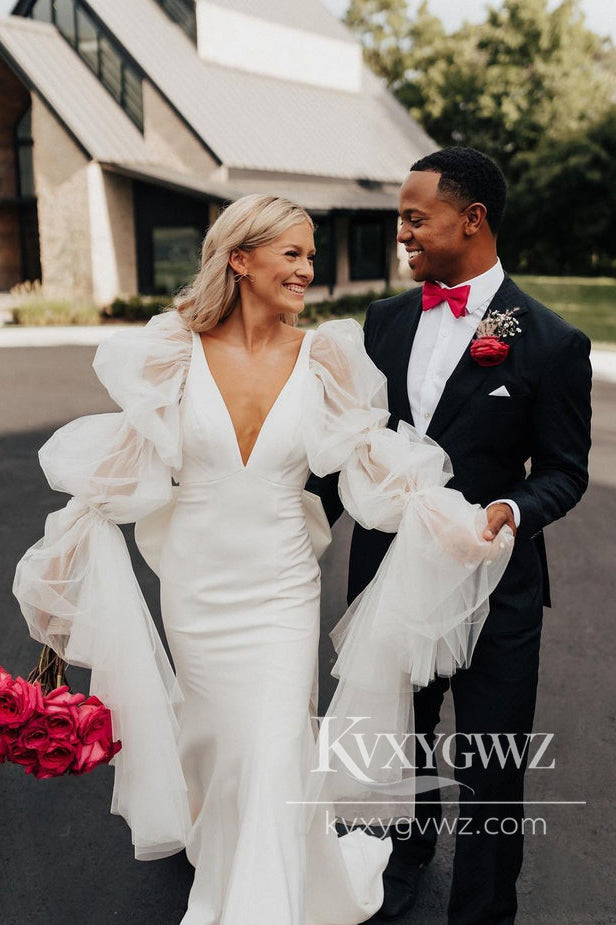 Pastoral Style Mermaid Satin Long Wedding Dresses Gown with Long Sleeves HS969
