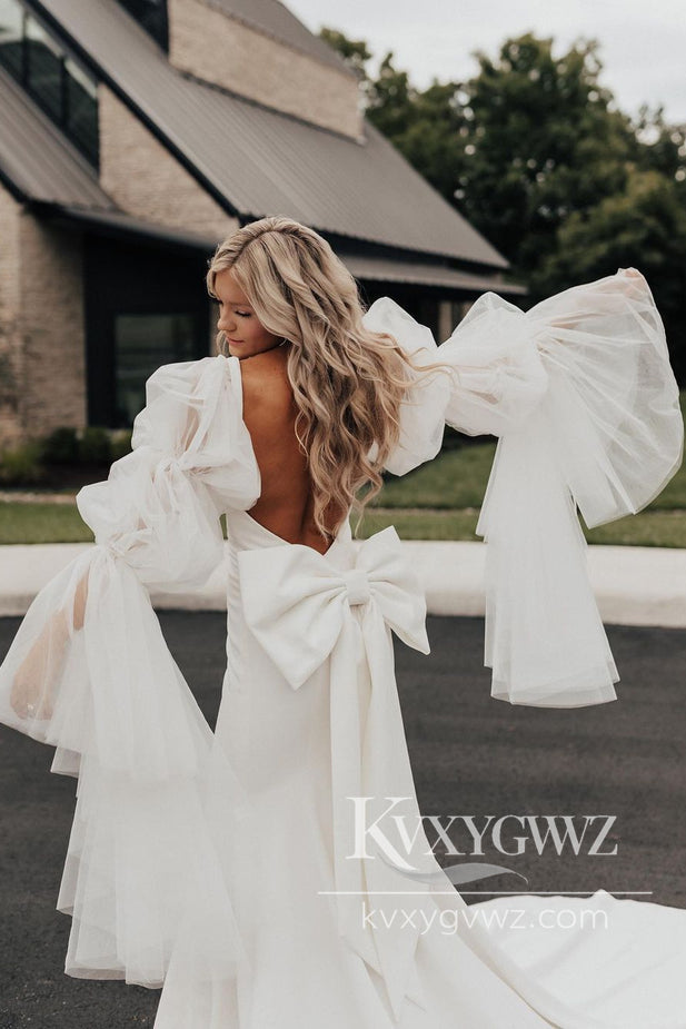 Pastoral Style Mermaid Satin Long Wedding Dresses Gown with Long Sleeves HS969
