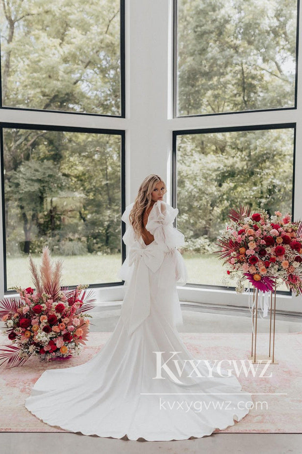 Pastoral Style Mermaid Satin Long Wedding Dresses Gown with Long Sleeves HS969