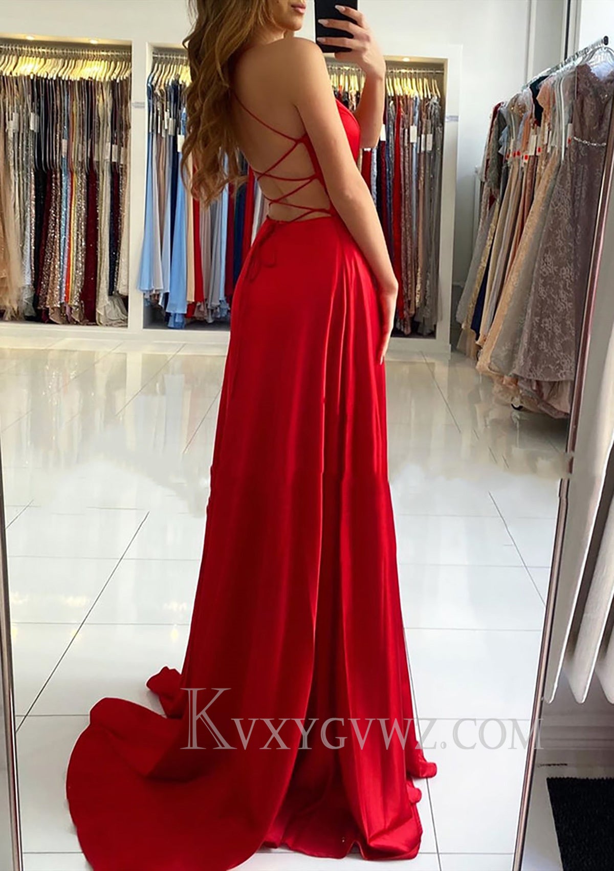 A-line V Neck Sleeveless Charmeuse Sweep Train Prom Dress With Split LF097