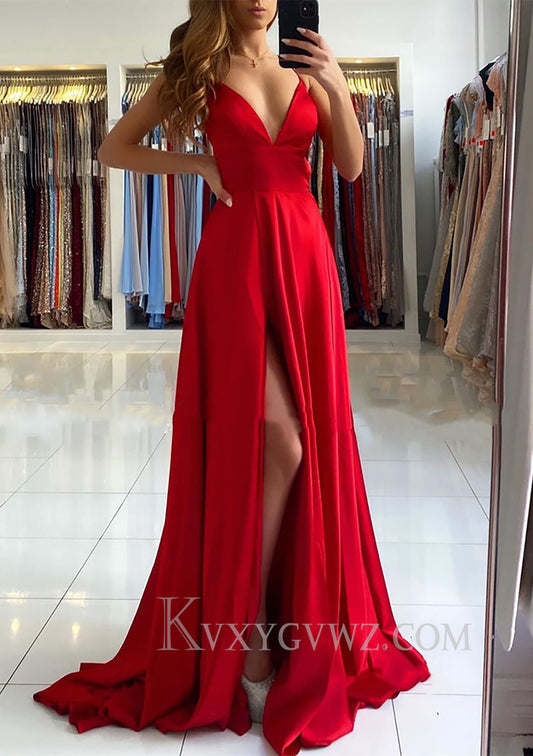 A-line V Neck Sleeveless Charmeuse Sweep Train Prom Dress With Split LF097