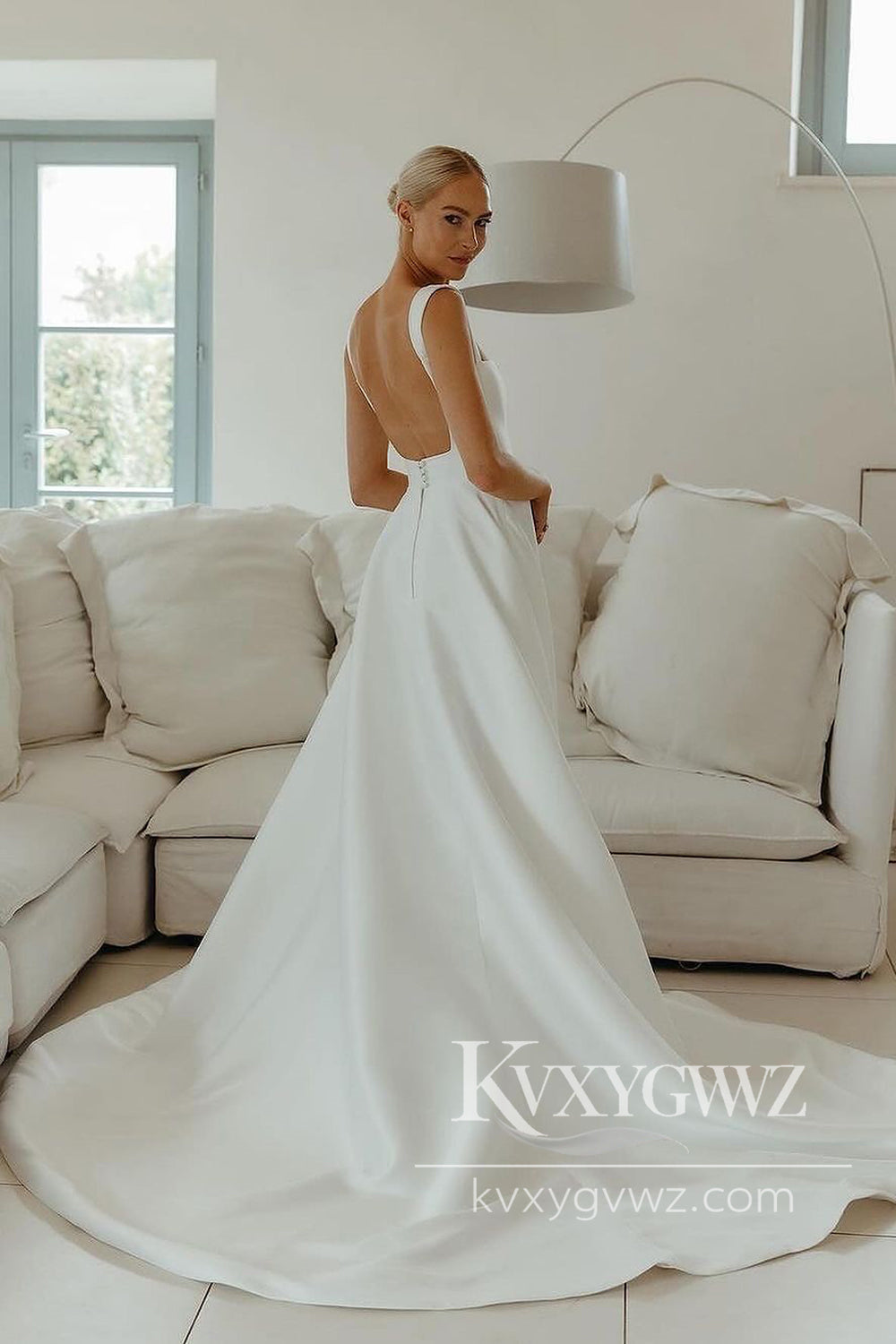 Modern A Line Square Neck Satin Long Wedding Dresses Gown HS970